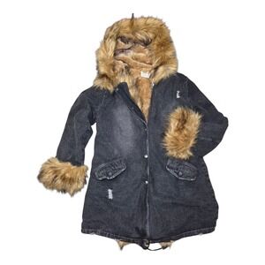 Faux Fur Lined Denim Jacket Women L Hooded Coat Distressed Black Wash Grunge Y2K